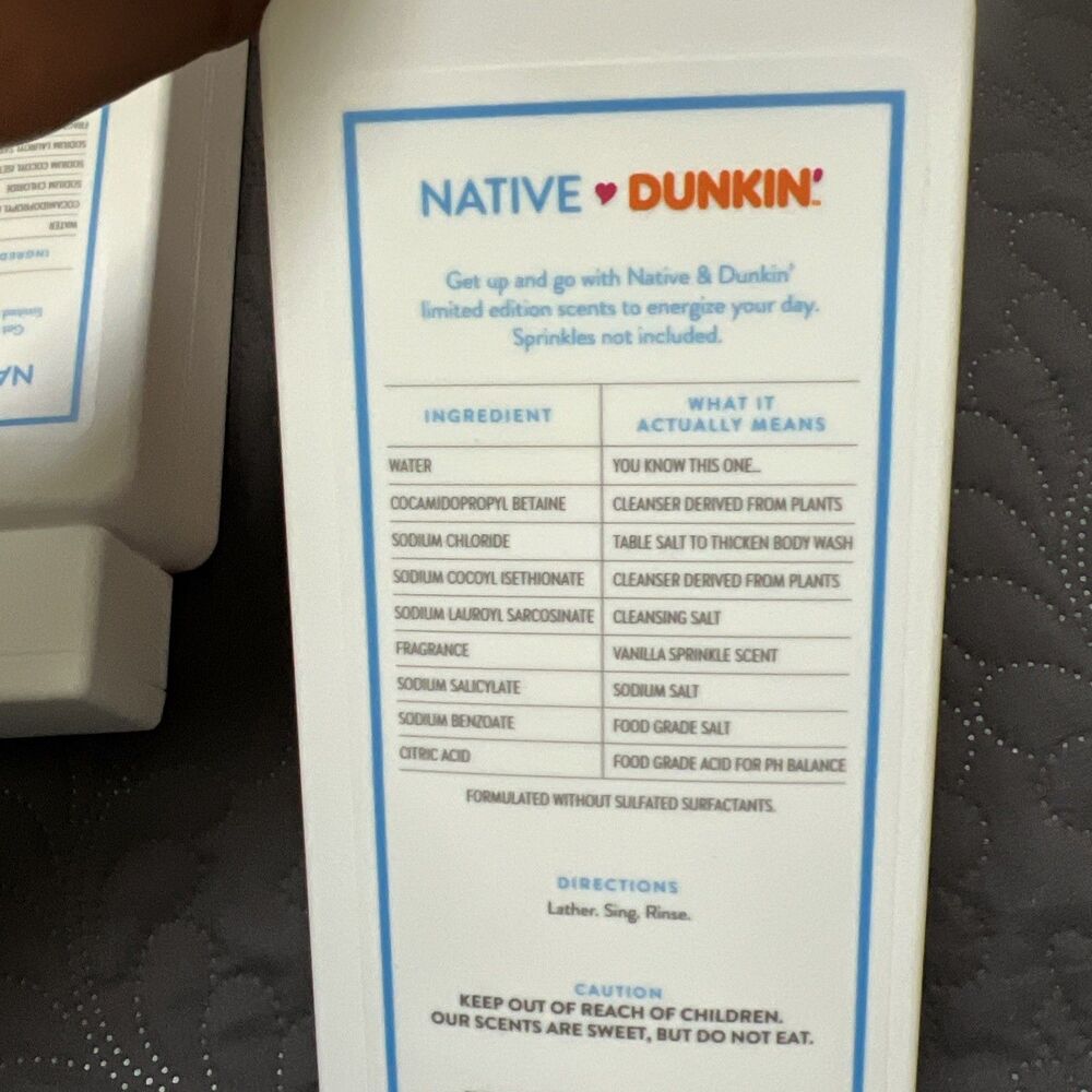 Native DUNKIN 4 Pack Vanilla Sprinkle Body Wash Limited Edition 18 FL OZ/532ML - Picture 5 of 6